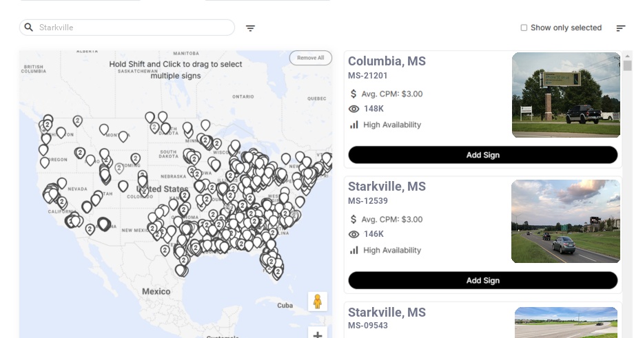 Billboard advertising in Starkville Ms, Mississippi - Choose your favorite location