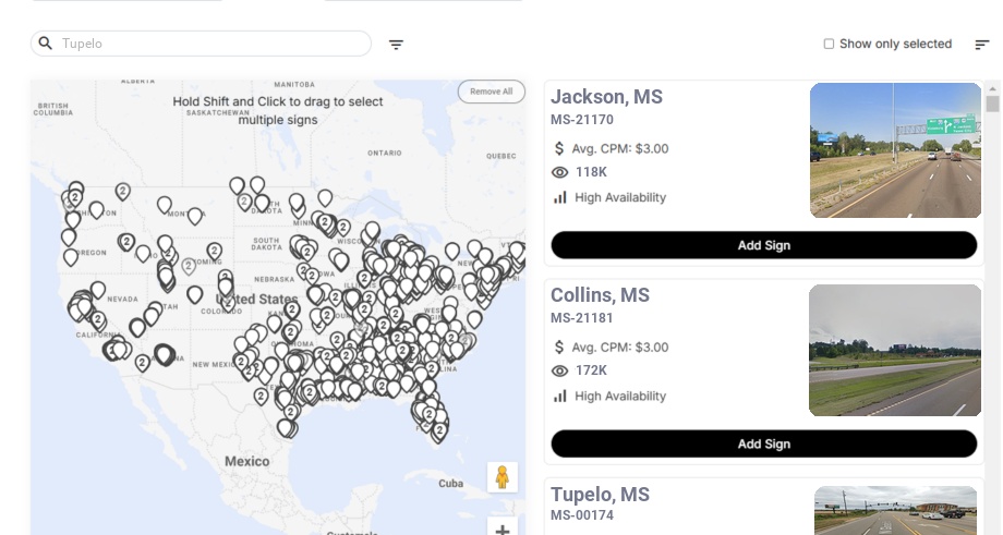 Billboard advertising in Tupelo Ms, Mississippi - Choose your favorite location