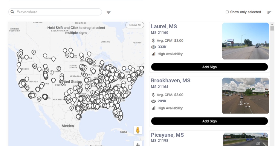 Billboard advertising in Waynesboro Ms, Mississippi - Choose your favorite location