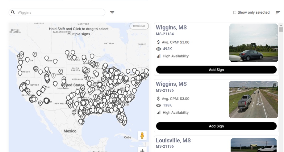 Billboard advertising in Wiggins Ms, Mississippi - Choose your favorite location