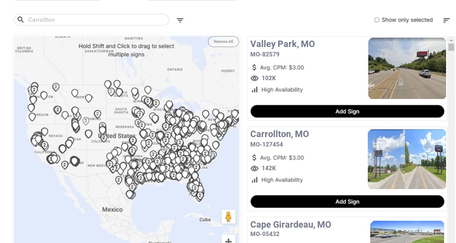 Billboard advertising in Carrollton Mo, Missouri - Choose your favorite location