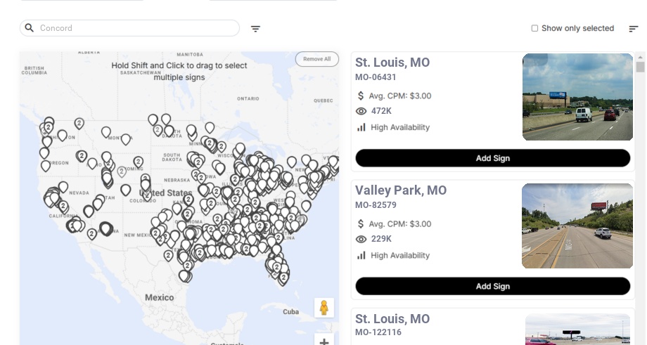 Billboard advertising in Concord Mo, Missouri - Choose your favorite location