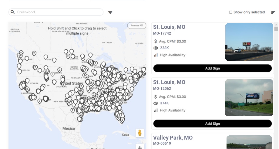 Billboard advertising in Crestwood Mo, Missouri - Choose your favorite location