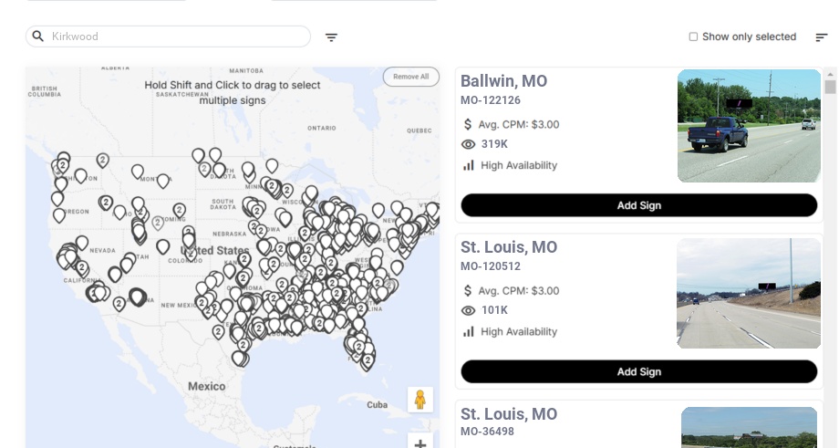 Billboard advertising in Kirkwood Mo, Missouri - Choose your favorite location