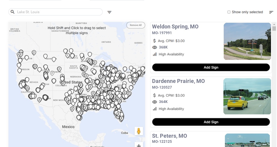 Billboard advertising in Lake St Louis Mo, Missouri - Choose your favorite location