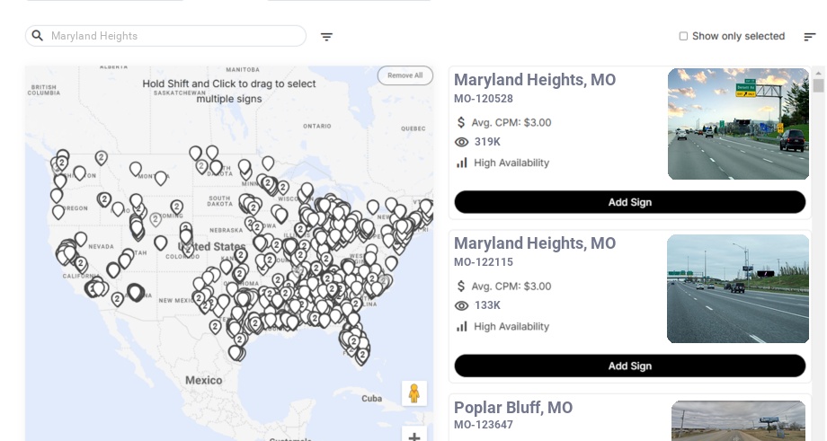 Billboard advertising in Maryland Heights Mo, Missouri - Choose your favorite location