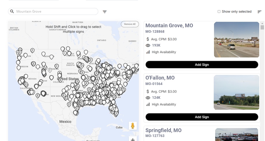 Billboard advertising in Mountain Grove Mo, Missouri - Choose your favorite location