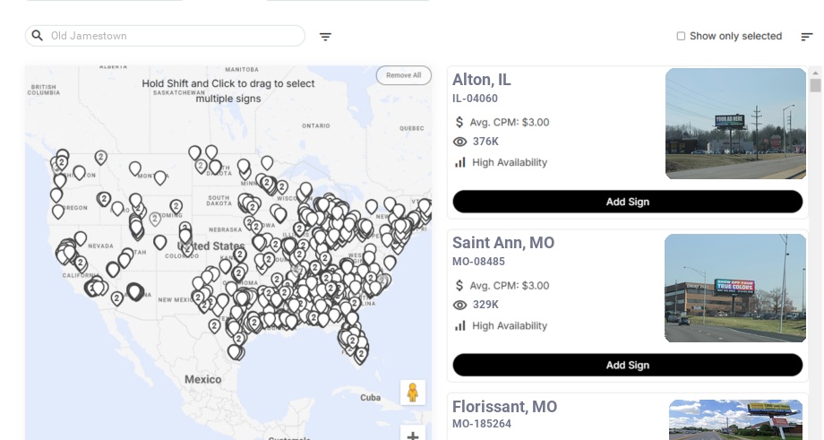 Billboard advertising in Old Jamestown Mo, Missouri - Choose your favorite location