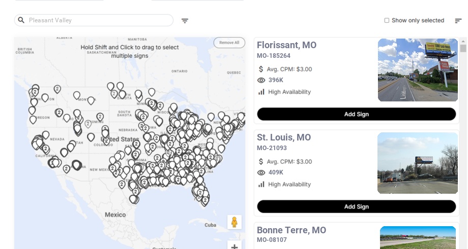 Billboard advertising in Pleasant Valley Mo, Missouri - Choose your favorite location