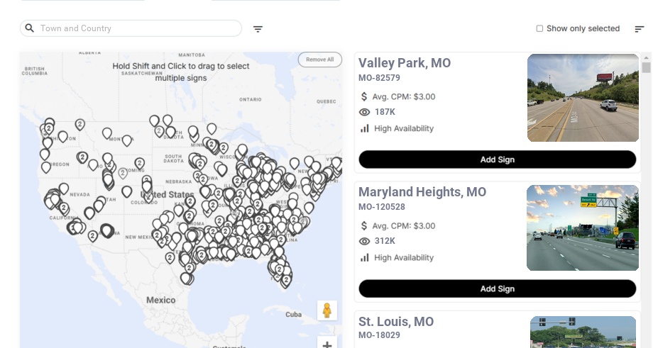 Billboard advertising in Town And Country Mo, Missouri - Choose your favorite location