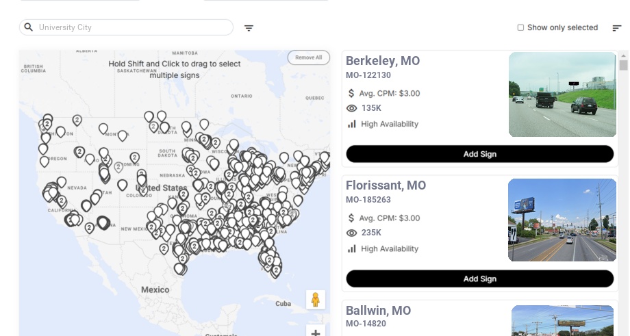 Billboard advertising in University City Mo, Missouri - Choose your favorite location