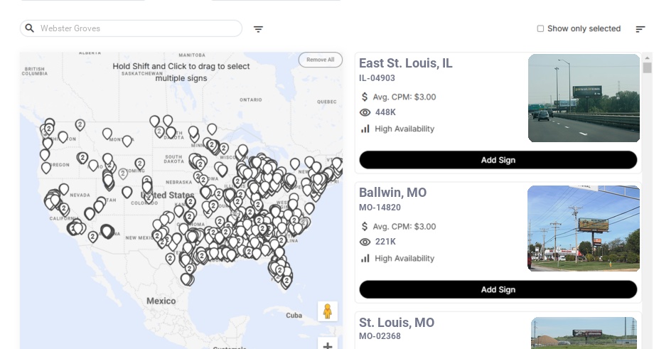 Billboard advertising in Webster Groves Mo, Missouri - Choose your favorite location