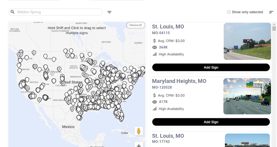 Billboard advertising in Weldon Spring Mo, Missouri - Choose your favorite location
