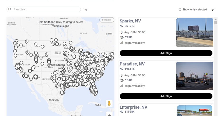 Billboard advertising in Paradise, Nevada - Choose your favorite location
