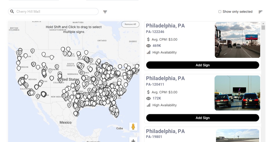 Billboard advertising in Cherry Hill Mall Nj, New Jersey - Choose your favorite location