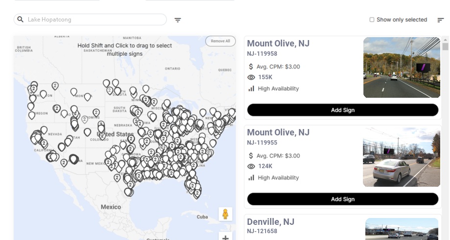 Billboard advertising in Lake Hopatcong Nj, New Jersey - Choose your favorite location