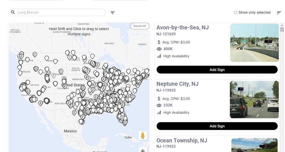 Billboard advertising in Long Branch Nj, New Jersey - Choose your favorite location