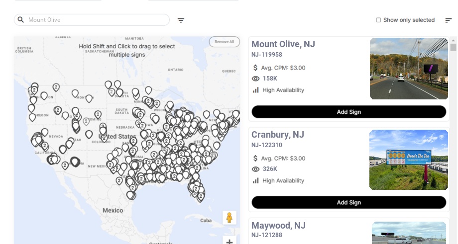 Billboard advertising in Mount Olive, New Jersey - Choose your favorite location