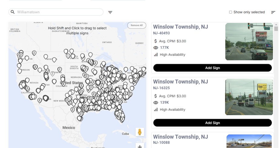 Billboard advertising in Williamstown Nj, New Jersey - Choose your favorite location