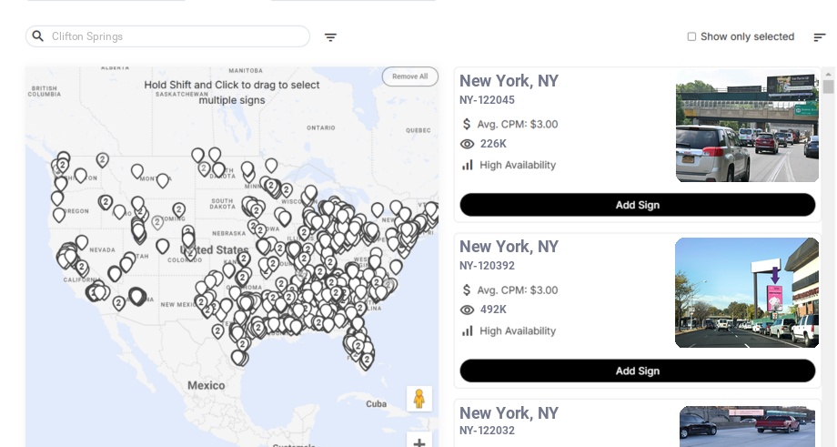 Billboard advertising in Clifton Springs Ny, New York - Choose your favorite location