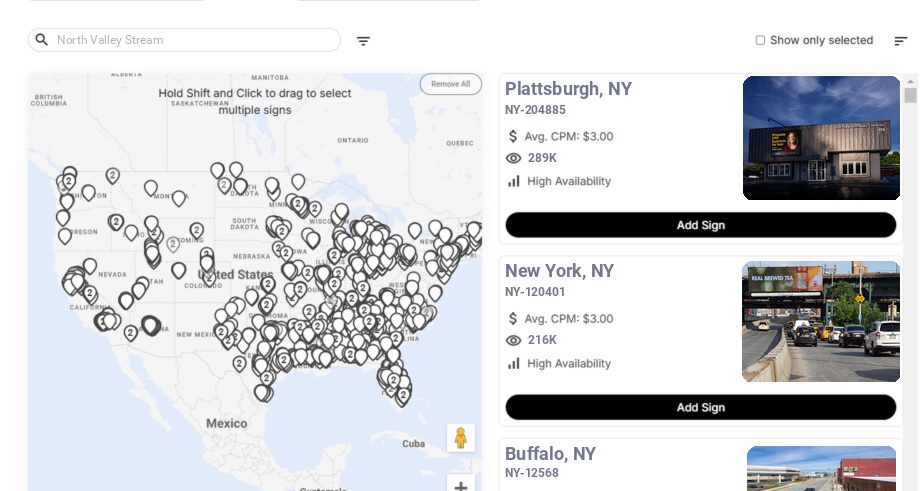 Billboard advertising in North Valley Stream Ny, New York - Choose your favorite location