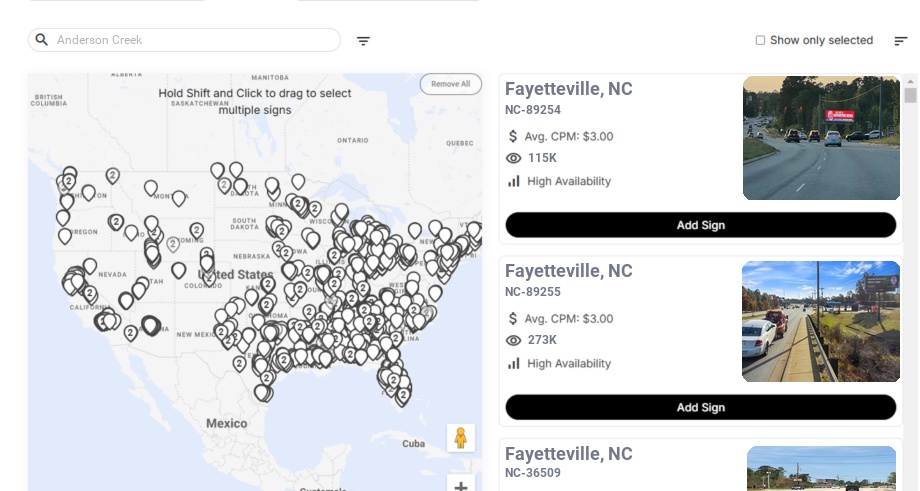 Billboard advertising in Anderson Creek Nc, North Carolina - Choose your favorite location