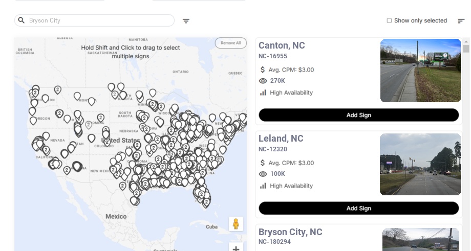 Billboard advertising in Bryson City Nc, North Carolina - Choose your favorite location