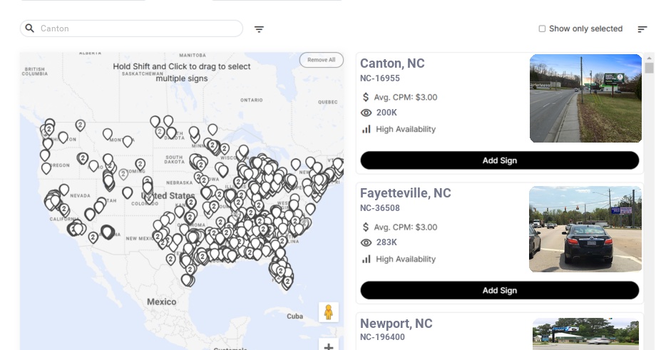 Billboard advertising in Canton, North Carolina - Choose your favorite location