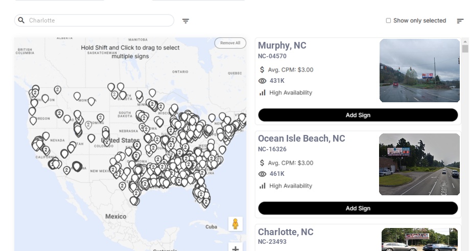 Billboard advertising in Charlotte Nc, North Carolina - Choose your favorite location
