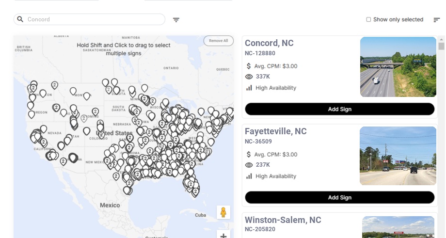 Billboard advertising in Concord Nc, North Carolina - Choose your favorite location