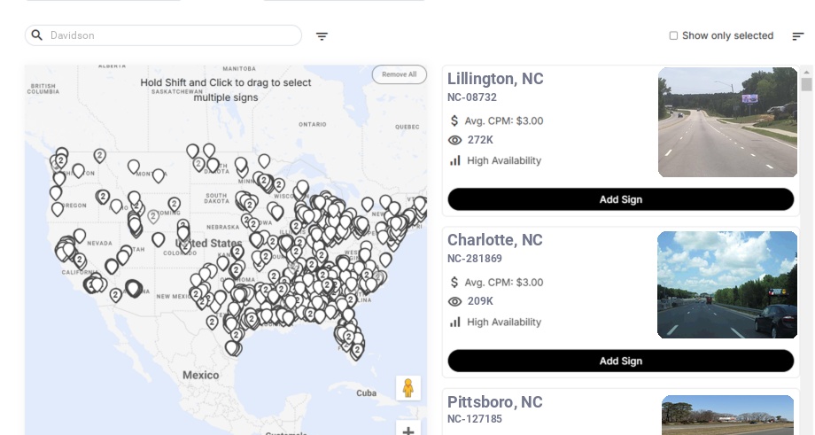 Billboard advertising in Davidson Nc, North Carolina - Choose your favorite location