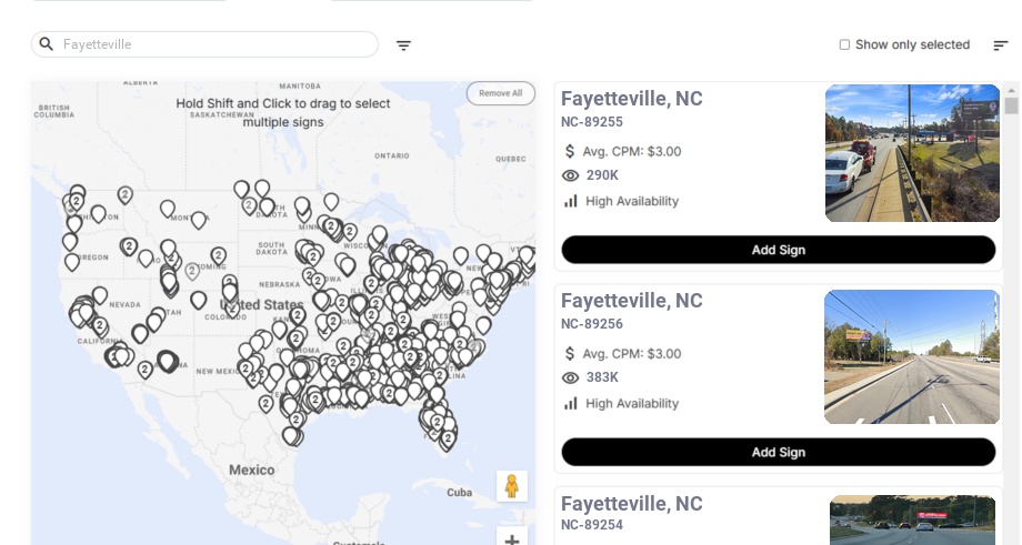 Billboard advertising in Fayetteville, North Carolina - Choose your favorite location