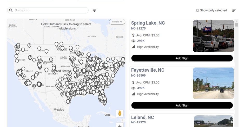 Billboard advertising in Goldsboro Nc, North Carolina - Choose your favorite location