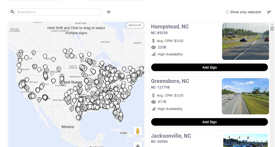 Billboard advertising in Greensboro, North Carolina - Choose your favorite location