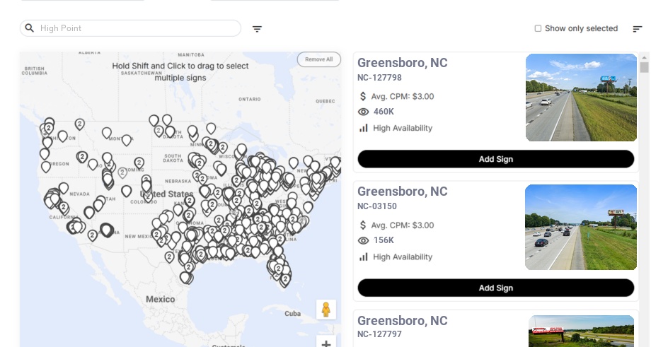 Billboard advertising in High Point Nc, North Carolina - Choose your favorite location