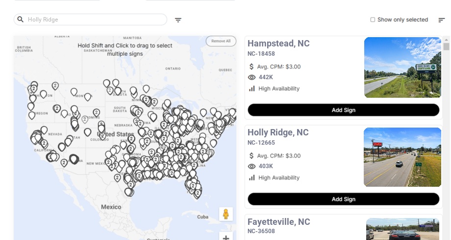 Billboard advertising in Holly Ridge Nc, North Carolina - Choose your favorite location