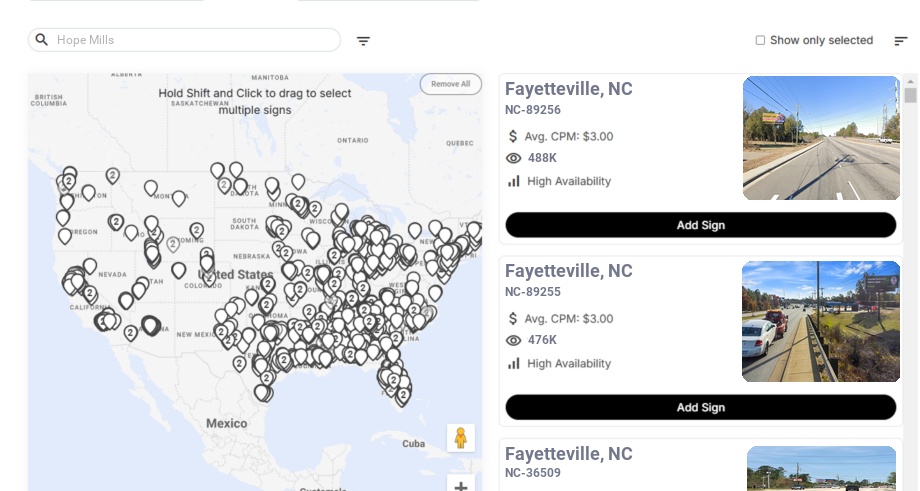 Billboard advertising in Hope Mills Nc, North Carolina - Choose your favorite location
