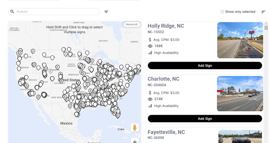 Billboard advertising in Hubert, North Carolina - Choose your favorite location