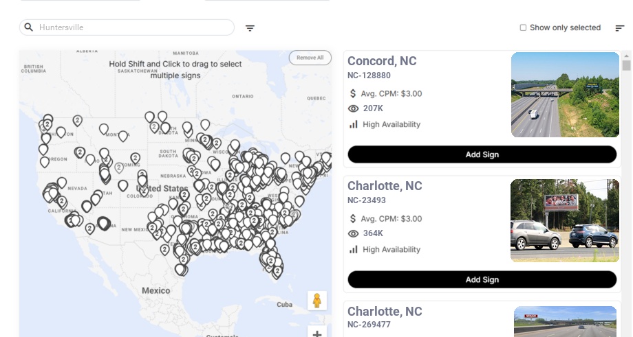 Billboard advertising in Huntersville Nc, North Carolina - Choose your favorite location