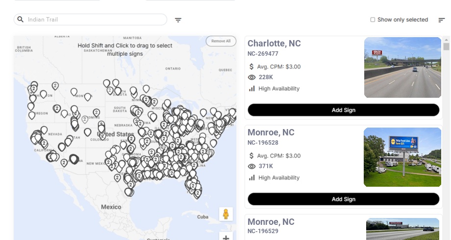 Billboard advertising in Indian Trail Nc, North Carolina - Choose your favorite location