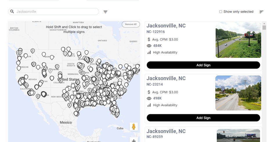 Billboard advertising in Jacksonville, North Carolina - Choose your favorite location