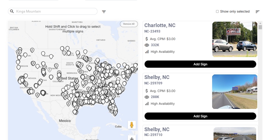 Billboard advertising in Kings Mountain Nc, North Carolina - Choose your favorite location
