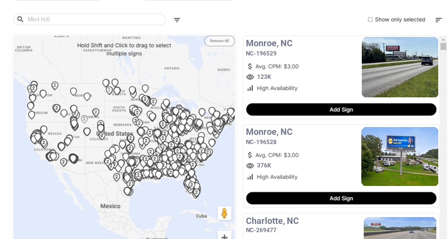 Billboard advertising in Mint Hill Nc, North Carolina - Choose your favorite location