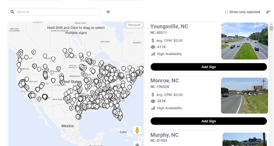 Billboard advertising in Monroe Nc, North Carolina - Choose your favorite location