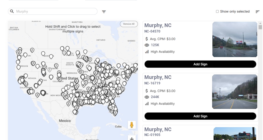 Billboard advertising in Murphy, North Carolina - Choose your favorite location