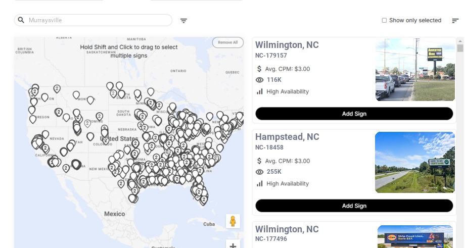 Billboard advertising in Murraysville Nc, North Carolina - Choose your favorite location
