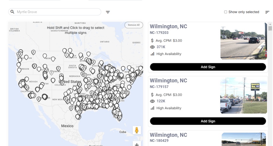 Billboard advertising in Myrtle Grove Nc, North Carolina - Choose your favorite location