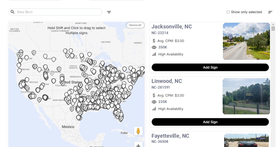 Billboard advertising in New Bern, North Carolina - Choose your favorite location