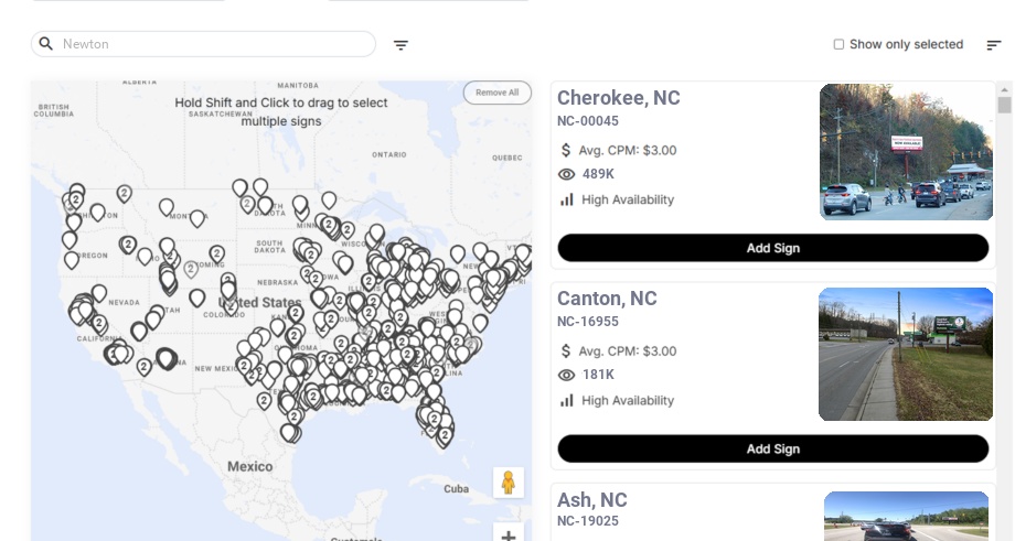 Billboard advertising in Newton, North Carolina - Choose your favorite location