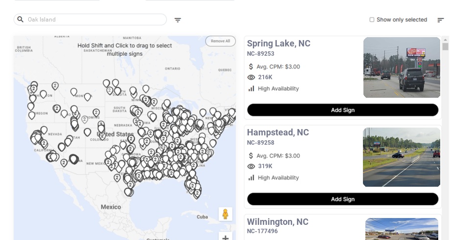 Billboard advertising in Oak Island Nc, North Carolina - Choose your favorite location